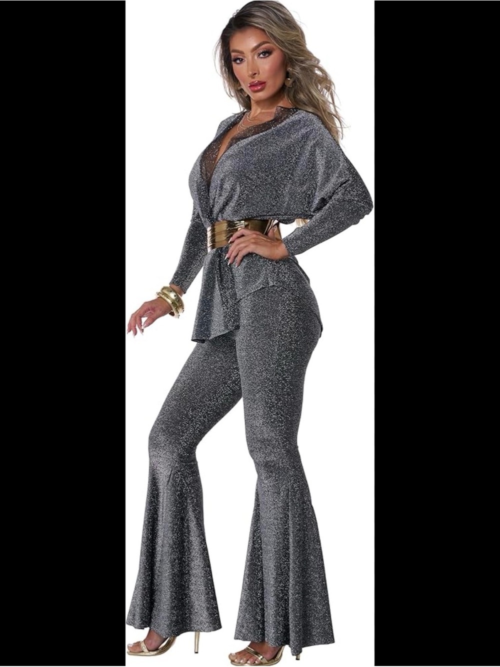 California Costumes Silver Sparkle Flare pants and matching top disco dazzler